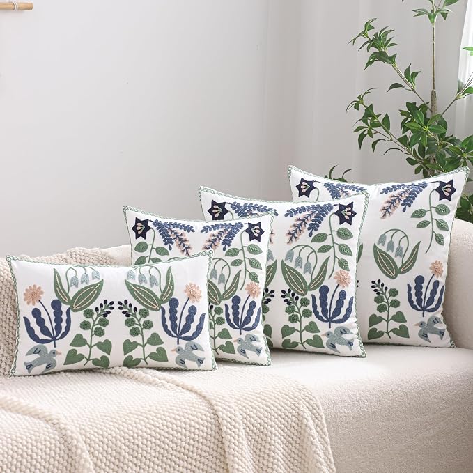 Embroidered Throw Pillow Covers 20x20 Pack of 2 Green and Navy Blue Leaves with Birds Pillow Covers Floral Tufted Pillowcases Summer Decorative Coastal Pillow Cushion Cases