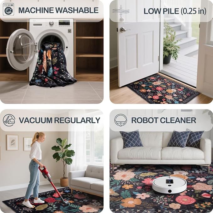 Washable 2'6" x 8' Runners for Hallways, Non Slip Long Floor Runner for Kitchen, Entryway Indoor, Stain Resistant Rubber Backing Floral Décor Rug (Black)
