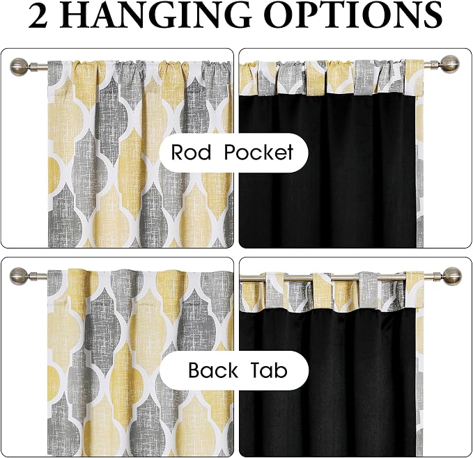 Beauoop Moroccan 100% Blackout Curtains Bedroom Yellow Grey 50x84 2 Panels | Geometric Room Darkening Drapes for Living Room 84 Inch Long Thermal Insulated Soundproof Lattice Window Treatment Rod Pocket
