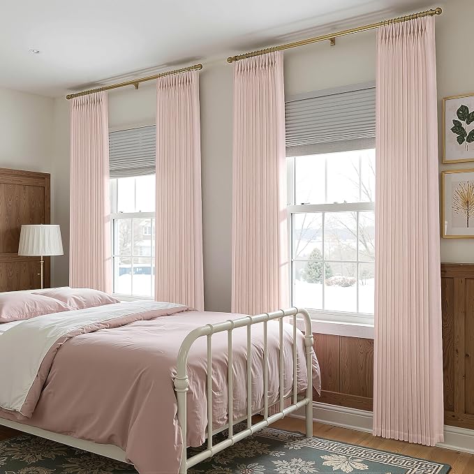 Light Pink Linen Curtains Pinch Pleated 96 Inch Length 2 Panels for Nursery Baby Girls Bedroom Semi Sheer Light Filtering Pleated Linen Curtains for Living Room Bedroom Dusty Blush Pink