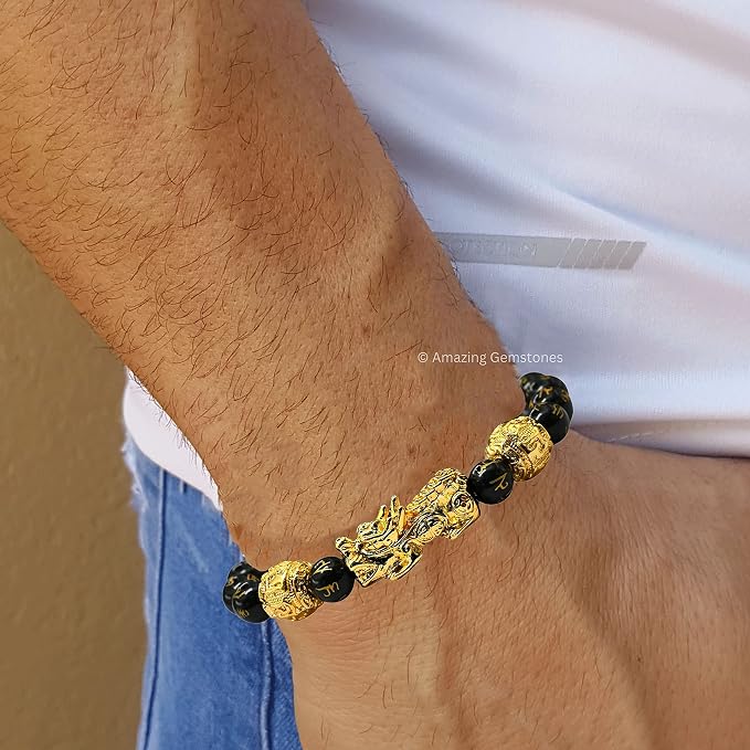 Amazing Gemstone Black Obsidian Pixiu Bracelet for Women Men's Gifts - Protection Healing Crystal Bracelet - 8mm Gemstone Beaded Adjustable Bracelet Pulseras para Hombres Mujer Stocking Stuffers