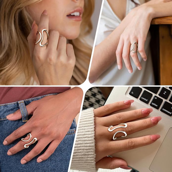 Gelbesty Waterproof Gold Statement Rings for Women, 14K Gold Plated Chunky Open Stackable Rings Non Tarnish Fashion Adjustable Stainless Steel Pinky Knuckle Signet Vintage Ring Jewelry Size 5-11