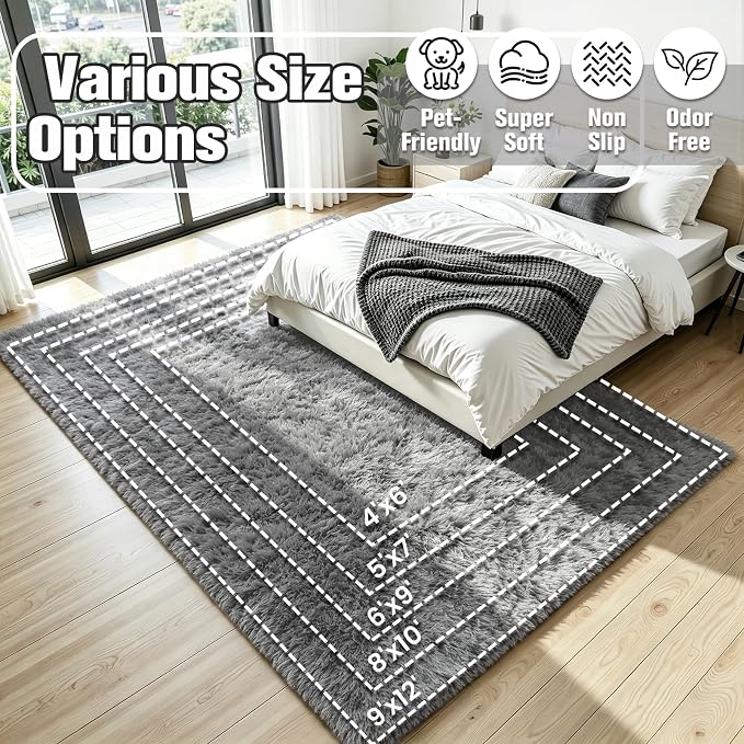 4x6 Area Rug for Living Room, Ultra Soft Fluffy Light Grey Rugs for Bedroom, Non Slip Large Shag Carpet, Fuzzy Plush Nursery Rug, Thick Washable Indoor Floor Carpets for Kids Office Dorm Home Decor