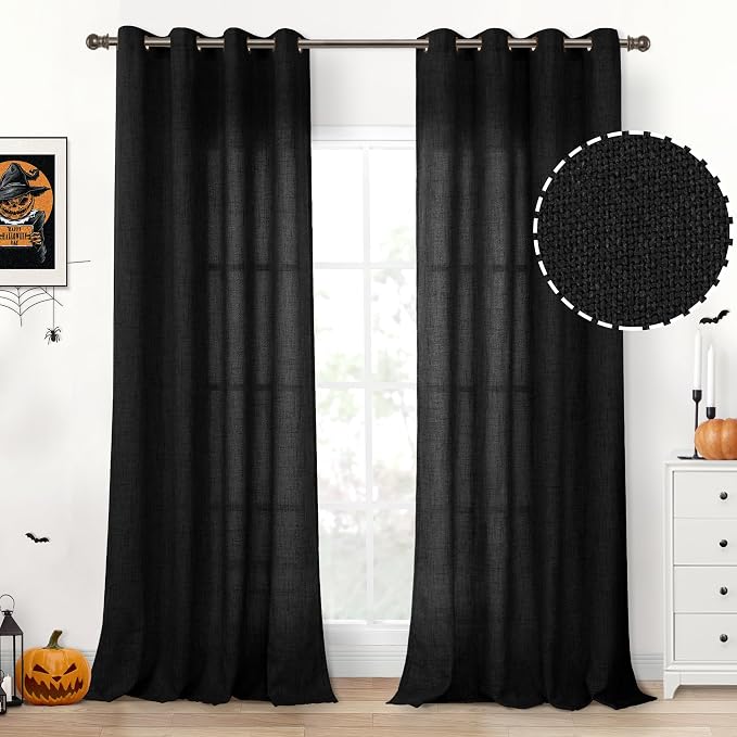 YoungsTex Black Curtains Linen 95 Inch Length, Light Filtering Drapes Bronze Grommet Floor Length for Living Room Bedroom Hallown Gothic Decorative, 52 X 95 Inch