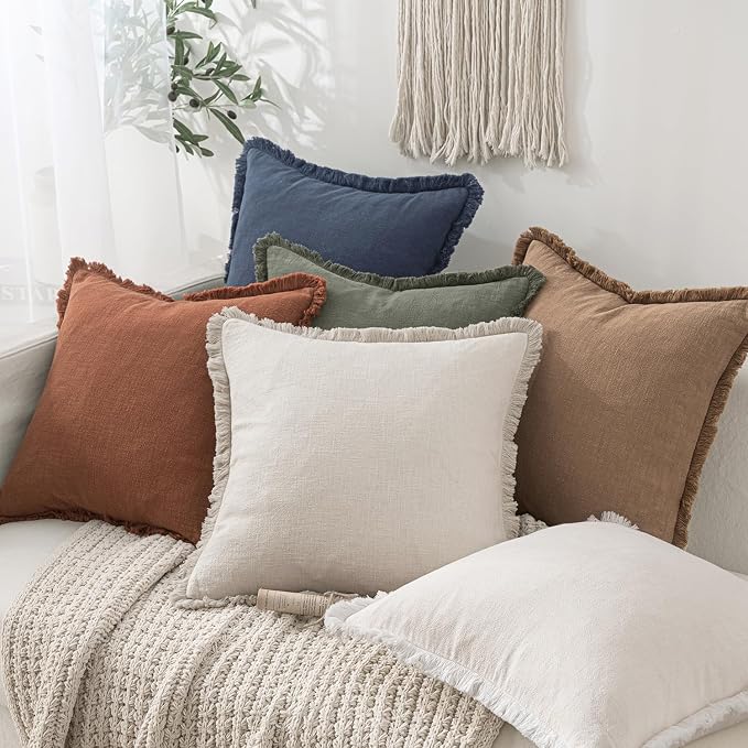 MIULEE Decorative Throw Pillow Covers Neutral Linen Fringe Throw Pillows Set of 2 Natural Beige Boho Farmhouse Cushion Covers with Tassels for Couch Sofa Bed Spring Home Decor 20x20 Inch