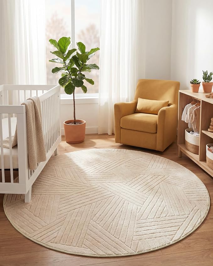 Carvapet 6.5' Round Rug Washable High Low Pile Area Rug Soft Plush Beige Carpet for Living Room Bedroom Non Slip Indoor Floor Rug for Home Kids Nursery Decor