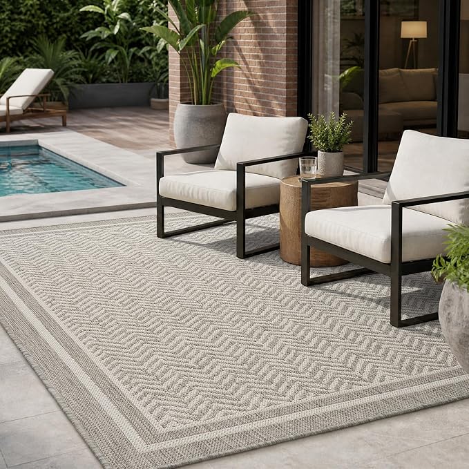 MontVoo-Outdoor Rug-Patio Rug 4x6 Polypropylene Indoor Outdoor Rugs Outdoor Carpet for Patio Deck Balcony Porch, Textured Weave, Durable for High Traffic, Fade-Resistant, Boho Farmhouse Neutral Grey