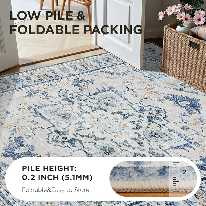 Joydeco 8x10 Area Rugs for Living Room, Non Slip Machine Washable Vintage Rug, Low Pile Chenille Print Rugs for Bedroom, Dining Room, Home Office, Pet & Child Friendly, Blue&Grey