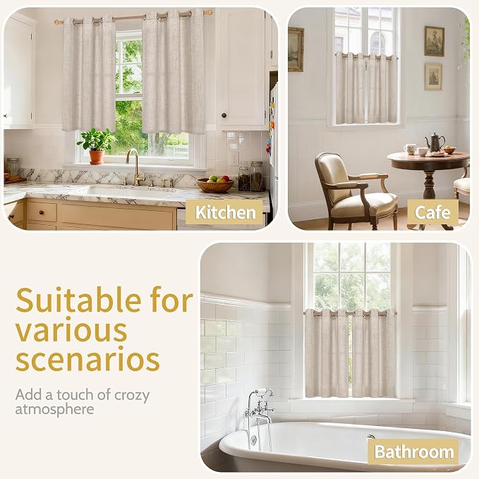 YoungsTex Natural Linen Kitchen Window Curtains 40 Inch Length with Grommet | Short Beige Light Filtering Drapes Textured Privacy for Bathroom Window Over Sink, 2 Panels, 42 X 40 Inch