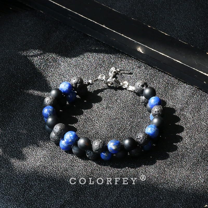Mens Beaded Bracelets Handmade Gifts for Men, Genuine Triple Protection Men Stone Bracelet Lapis Lazuli Lava Onyx Beads Bracelet, Handcrafted 2Row Mens Masculine Beads Bracelest Father Gifts