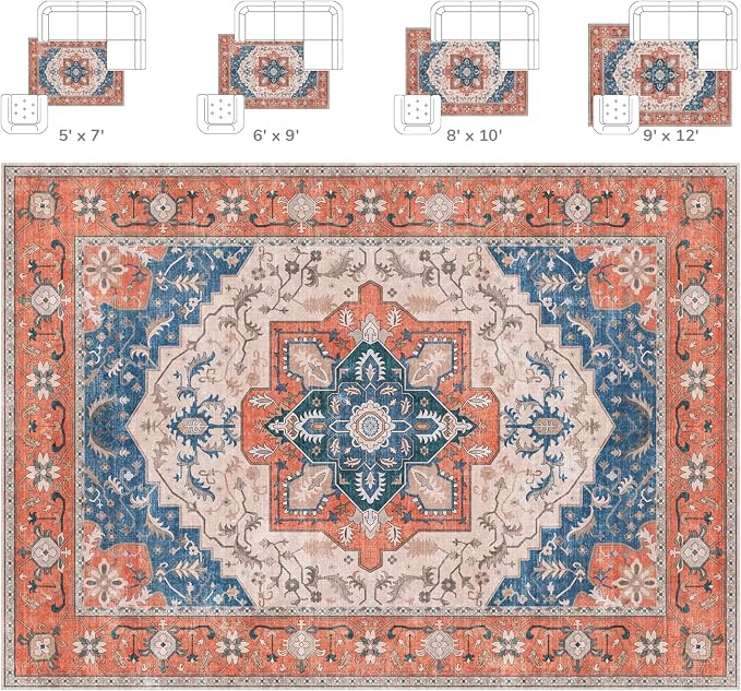 Lessymo 8 x 10 Area Rugs for Living Room- Machine Washable Area Rugs Boho Faux Wool Low Pile Area Rug for Bedroom Floral Medallion Vintage Rugs with Non-Slip Rubber, Tangerine Blue
