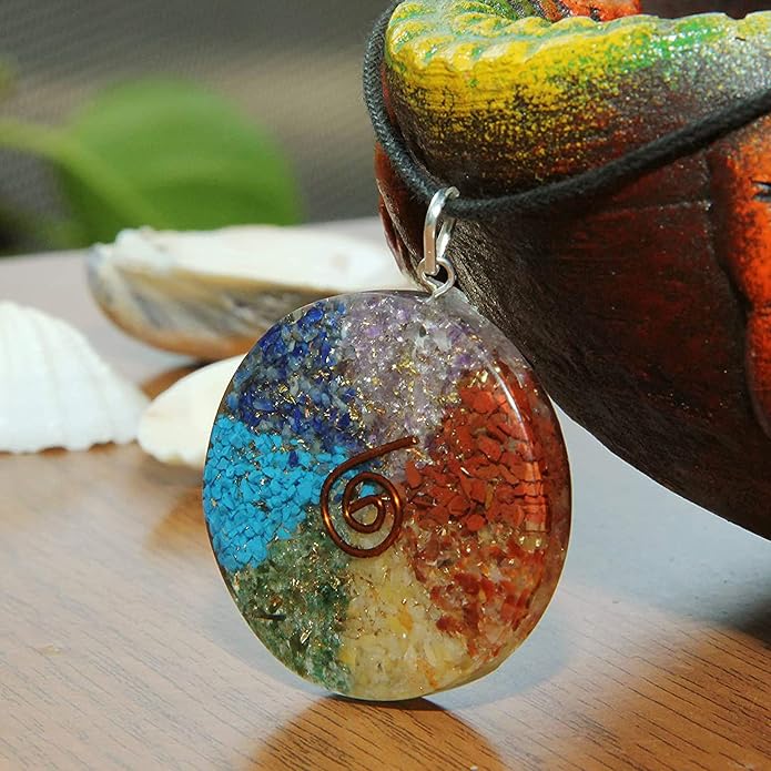 Ayana Crystals Orgonite Chakra Pendant Necklace – Ethically Sourced Authentic Healing Stones - Disk Hex Design with 7 Types of Bionized Crystals for Each Chakra - Unique Necklace for Women