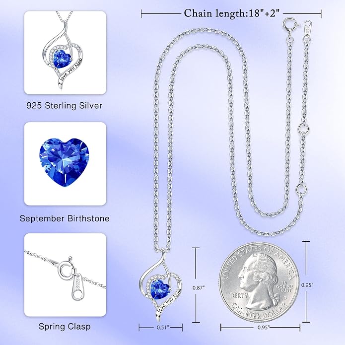 Nana Gifts Sterling Silver Heart Birthstone Necklaces, I Love You Nana Gifts for Mothers, Grandma
