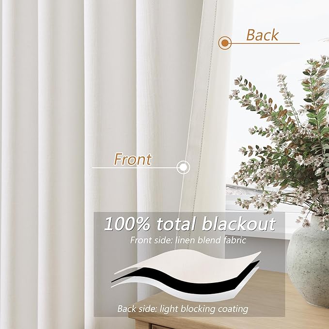 Guken Ivory 100% Blackout Linen Curtains 92 Inch Length 2 Panels Set for Living Room Bedroom Back Tab Thermal Insulated Black Out Drapes Room Darkening Farmhouse Window Curtains 92 Inches Long