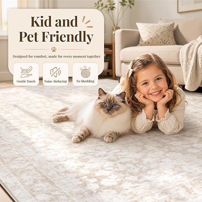 8x10 Area Rugs for Living Room: Boho Vintage Washable Rug Non-Slip Soft Stain Repellent Area Rugs Indoor Low-Pile Large Carpet for Bedroom Office Dining Room Playroom Farmhouse (Beige, 8'x10')
