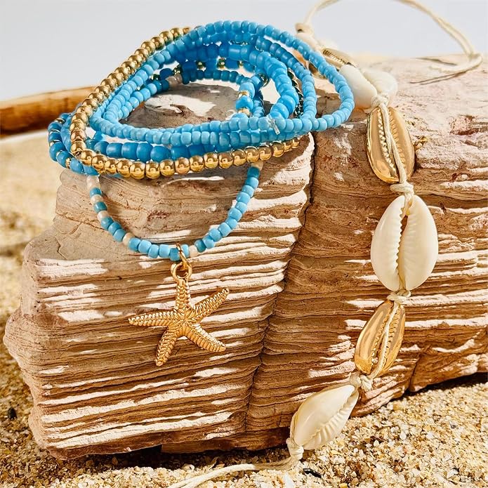 7 Pack Boho Beaded Shell Anklet Bracelets for Women Colorful Stretch Cowrie Seashell Starfish Ankle Bracelet Stack Adjustable Summer Beach Accessories Cute Hawaiian Jewelry