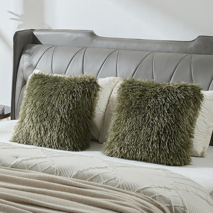 FUTEI Pack of 2 Shaggy Mongolian Faux Wool Throw Pillow Covers 18x18 Inch Soft Fluffy Farmhouse Decorative Cushion Case for Couch Bed Living Room, Olive Green