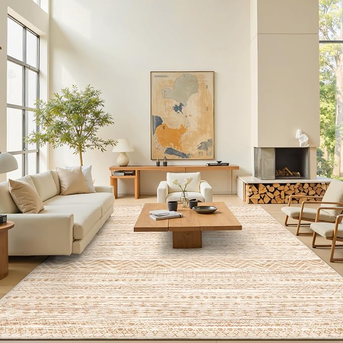 Miukiki 8x10 Area Rug for Living Room Moroccan Washable Rugs Non Slip Indoor Floor Carpet Foldable Large Soft Area Rug for Dining Room Bedroom with Low Pile(Beige,8'x10')