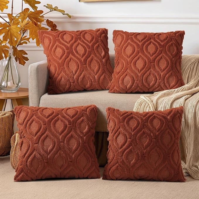 decorUhome Rust Faux Fur Soft Throw Pillow Covers 16X16 Set of 4 | Fall Neutral Decorative Plush Couch Pillow Covers, Accent Modern Farmhouse Neutral Pillow Cases for Sofa Bed Living Room