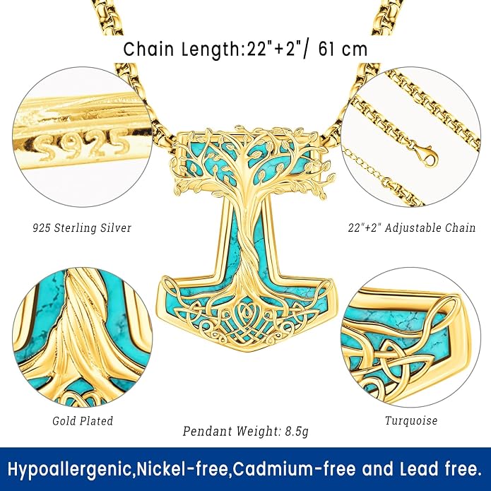 Eusense Viking Jewelry for Men Women Sterling Silver 925 Mjolnir Thors Hammer Pendant Celtic Cross Necklace Wolf Odin Raven Freya Goddess Norse Pagan Compass Vegvisir Yggdrasil Nordic Viking Necklaces Gifts