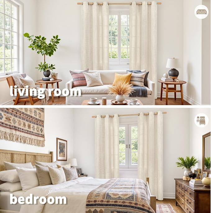 YoungsTex Linen Curtains 38 x 84 Inch Length, Light Filtering Drapes Rustic Semi Sheer with Bronze Grommet Privacy for Bedroom Living Room Decorative, 2 Panels