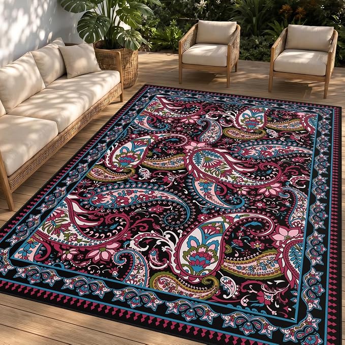 Arenarug Paisley Outdoor Rug Waterproof 4x6, UV Resistant Non Slip Patio Rug, Indoor Outdoor Boho Camping Rug Linen-Look RV Carpet for Deck Balcony Backyard, Magenta‌