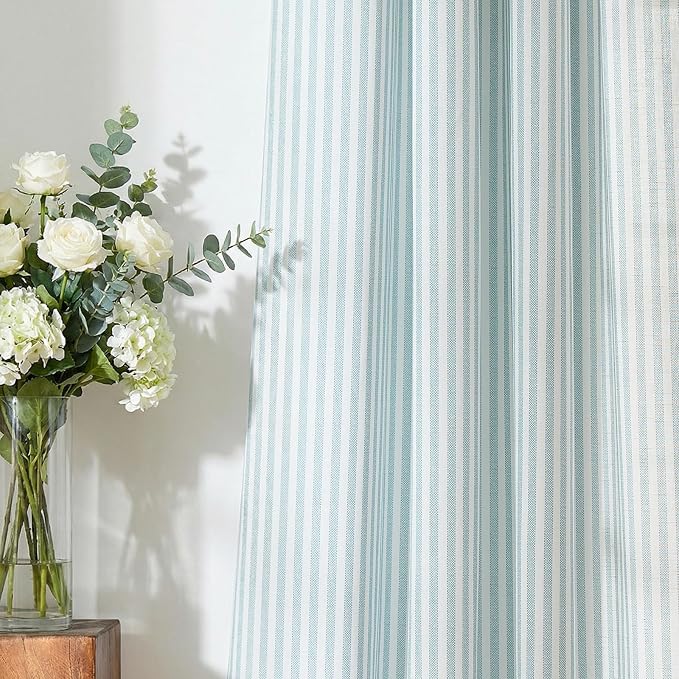 jinchan Linen Curtains 84 inch Aqua Blue Stripe on White Grommet 2 Panels | Curtains for Living Room Bedroom,Ticking Vertical Stripe ,Modern Beachy Coastal Drapes,Window Treatment,Light Filtering