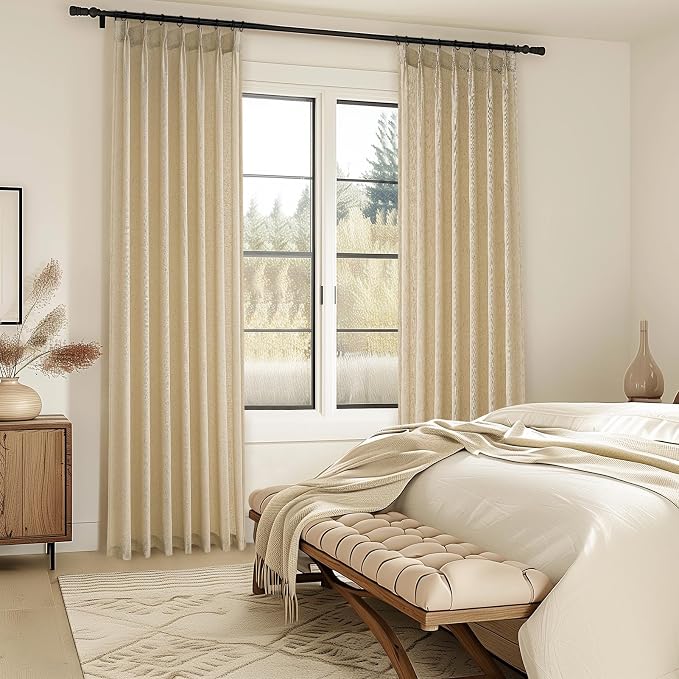 108 Inch Pinch Pleated Linen Curtains 2 Panels,Natural Beige Semi Sheer Curtains With Pleated Hooks Back Tab for Track System,Extra Long 9ft Curtain for Living Room Bedroom Ceiling to Floor,40x108