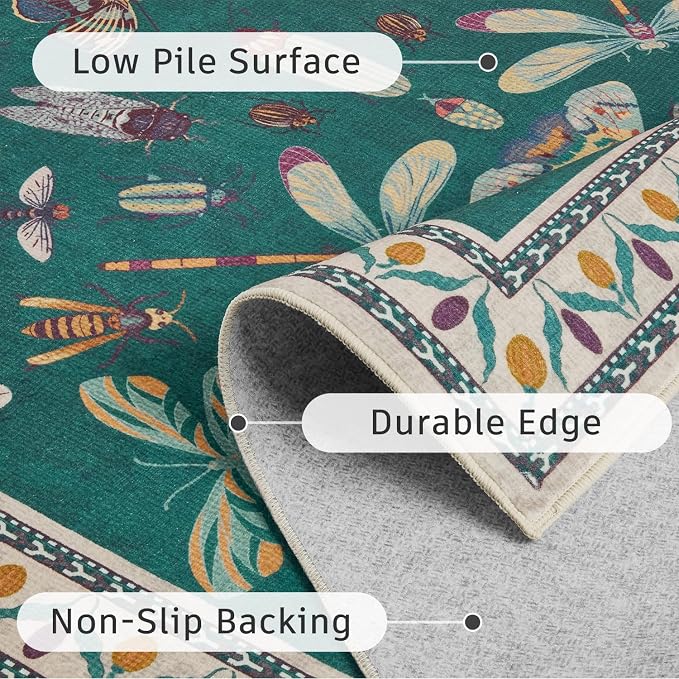 DCX 5x7 Washable Insect Rug, Vintage Gothic Deep Teal Rug with Non-Slip Rubber Backing, Soft Low-Pile, Stain-Resistant, Kid & Pet Friendly, for Living Room, Bedroom, Office, and Nature-Themed Decor