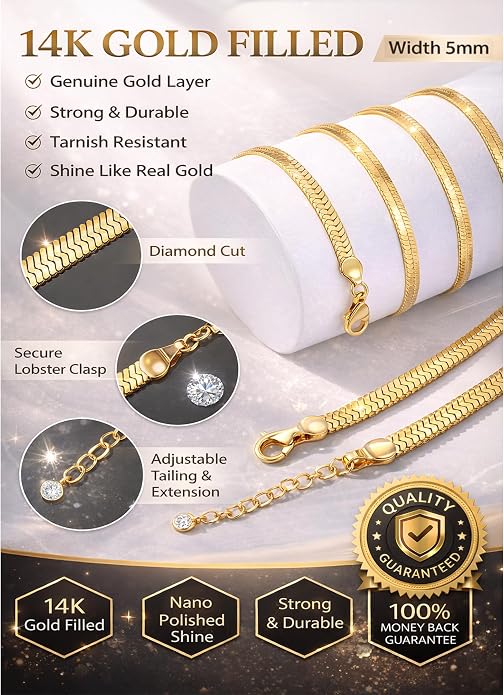 CHESKY Gold Necklace for Women-14K Plated/S925 sterling silver Snake Chain Necklace Dainty Simple Chunky Herringbone Necklace Gold Choker Necklaces Jewelry for Women Mothers Day Gifts for Mom
