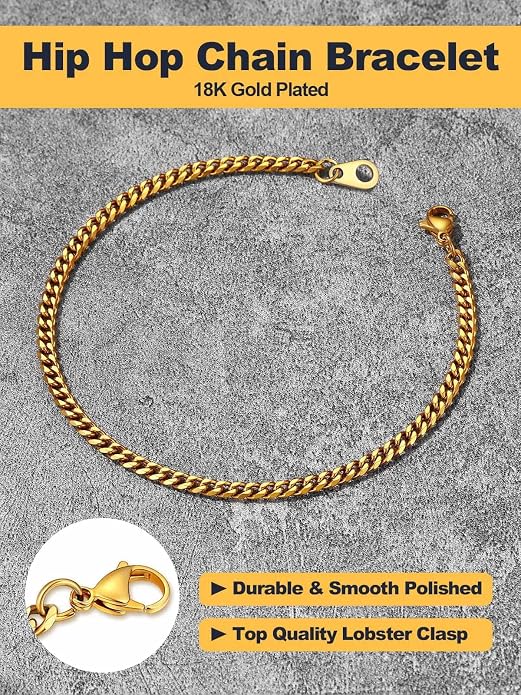 U7 Link Bracelets for Men, Cuban Link/Rope/Watch Band Solid Bracelet, Silver Black Gold Color Wrist Bracelet 3/6/9/12/15mm Width, 6.5/7.5/8.3 Inch Length, Hand Chain Jewelry for Mens Women