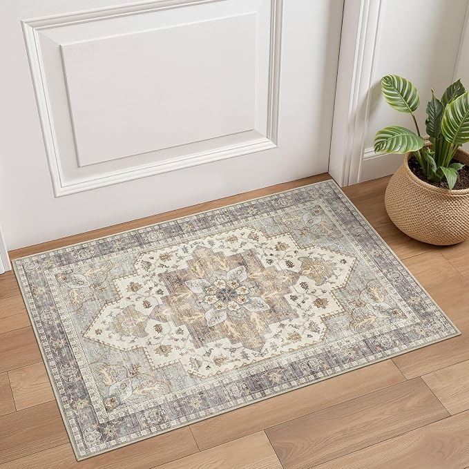 Tortania Area Rug 2x3 Doormat - Washable Vintage Oriental Farmhouse Soft Thin Indoor Carpet for Living Room Bedroom Hallway Entryway Kitchen - Greige
