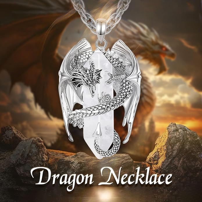 INFUSEU Unique Dragon Necklaces with Healing Crystal Stone for Men Women, Personalized Spiritual Gifts, 24 Inch Chain