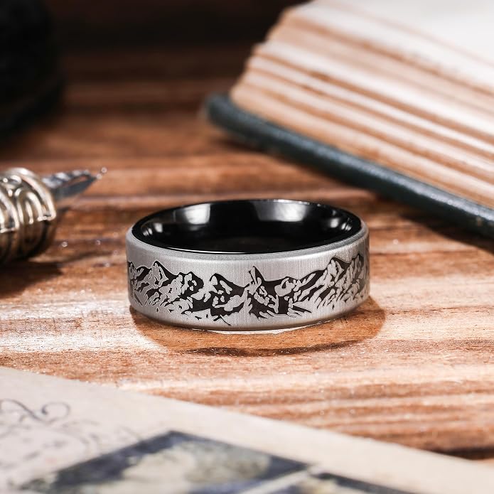 King Will 6/8mm Wedding Band for Men, Silver/Black Hammered Titanium Wedding Ring Inlaid Wood Inner Hole, Wedding Band for Men Matte Brushed Comfort Fit 7-14