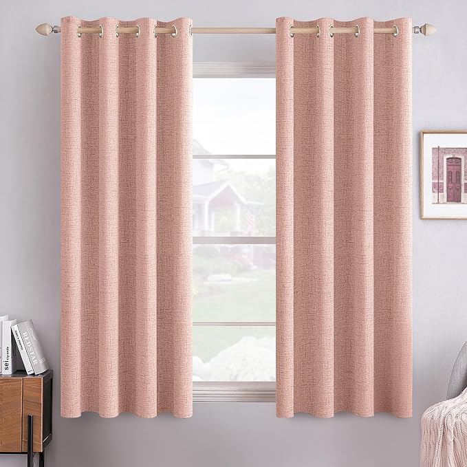 MIULEE Linen Curtains for Bedroom 100% Blackout Thermal Insulated Blush Pink Grommet Room Darkening Curtains & Drapes for Living Room 52 x 63 Inch (2 Panels)