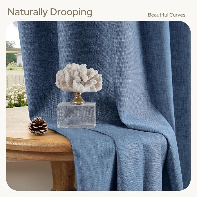 HOMEIDEAS 100% Blackout Faux Linen Curtains,Stone Dusty Blue Modern Farmhouse Luxury Curtains 96 Inches Long 2 Panels, Rod Pocket & Back Tab for Boho Vintage Living Room,Bedroom Decor