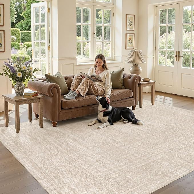 Nakagishi 6x9 Area Rugs Living Room: Washable Large Vintage Rug Neutral Non-Slip Soft Stain Resistant Indoor Carpet for Bedroom Nursery Dining Room Office Playroom - Beige