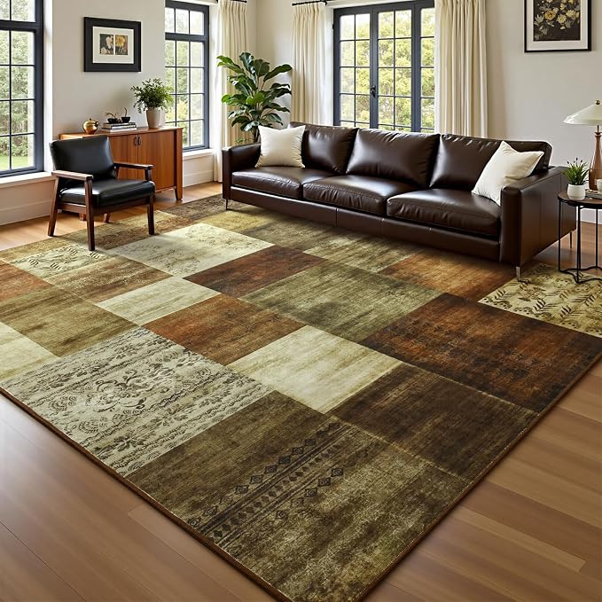 DweIke Washable Area Rugs 9x12 for Living Room, Large Modern Geometric Brown Soft Patchwork Carpet, Non-Slip Stain Resistant Throw Rug for Bedroom Dining Room Office Home Decor