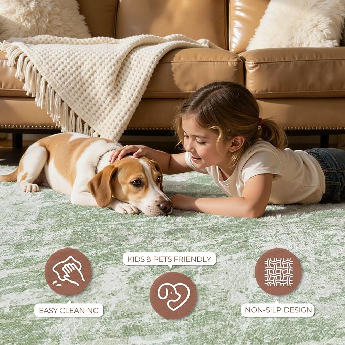 DMOYEST 6ft Round Washable Area Rug for Living Room: Modern Abstract Neutral Circle Carpet, 6x6 Soft Low Pile Non-Slip Floor Mat for Bedroom Under Dining Table, Kids & Pet - Green