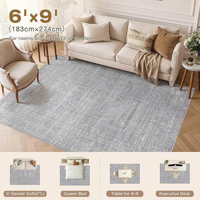 Nakagishi 6x9 Area Rugs Living Room: Washable Large Vintage Rug Neutral Non-Slip Soft Stain Resistant Indoor Carpet for Bedroom Nursery Dining Room Office Playroom - Grey