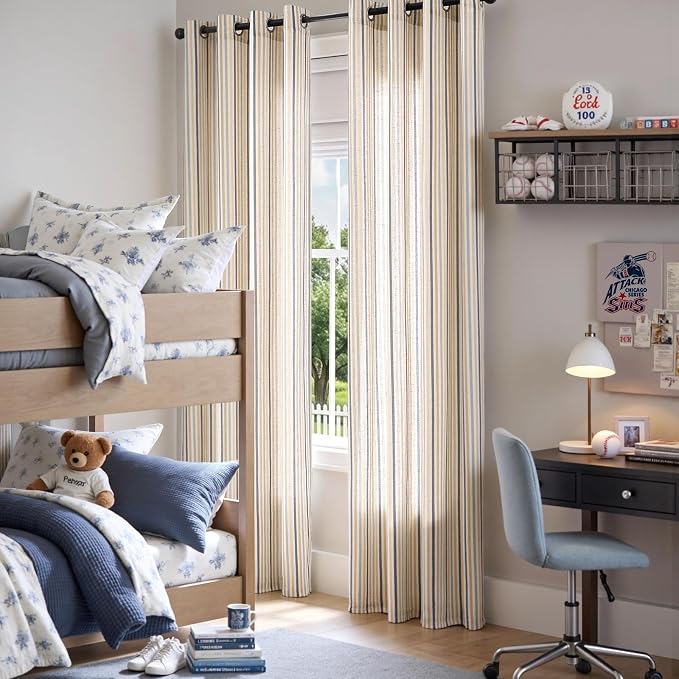 Vangao Linen Stripe Nursery Curtains for Kids Tickingstripe Light Filtering Window Curtains Colorful Pinstripe Printed Drapes 96 Inches Long for Living Room Girls Bedroom Colorful Blue 2 Panels