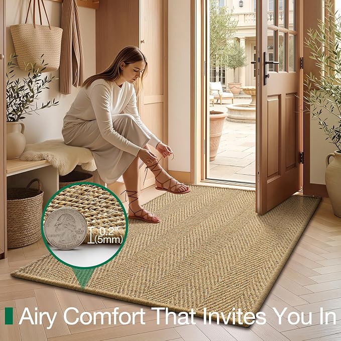 LUMI Indoor Door Mat 36"x60", Non-Slip Handwoven Sisal Rug, Herringbone | Handcrafted Natural Sisal Fibers, Reinforced Edges Resist Fraying, 0.2" Low-Profile Doormat, Dot-Coated Non-Slip Backing