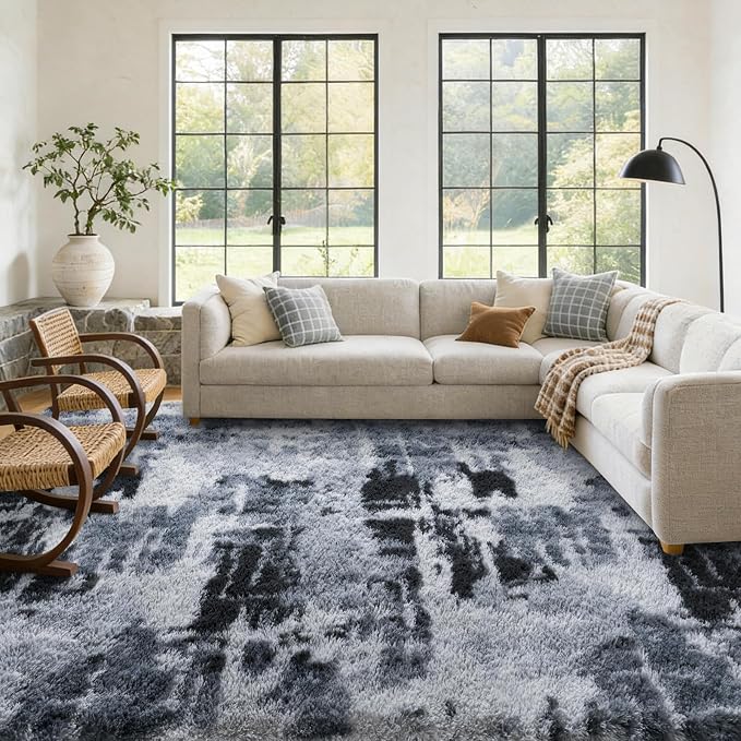 Large Shaggy 6x9 Area Rugs for Living Room Decor, Non-Slip Tie-Dyed Rugs for Bedroom Kids Playroom Dorm Room, High Pile Ultra Soft Carpet, Blue