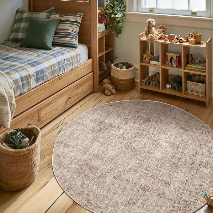 Machine Washable Rugs for Living Room: 4x4 Area Rugs for Bedroom Ultra Soft Non-Slip Low Pile Vintage Distress Boho Large Carpet for High-Traffic Dining Room - Farmhouse Decor