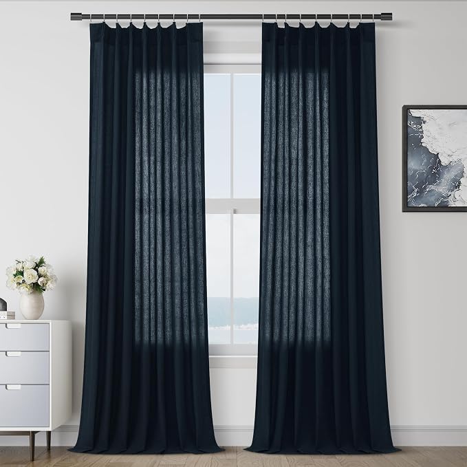 Navy Blue Pleated Linen Curtains 96 Inches Long for Living Room 2 Panel Set Semi Sheer Light Filtering Pinch Pleat with Hooks Back Tab Drapes Neutral Boho 96 Inch Curtain for Bedroom Window 40x96
