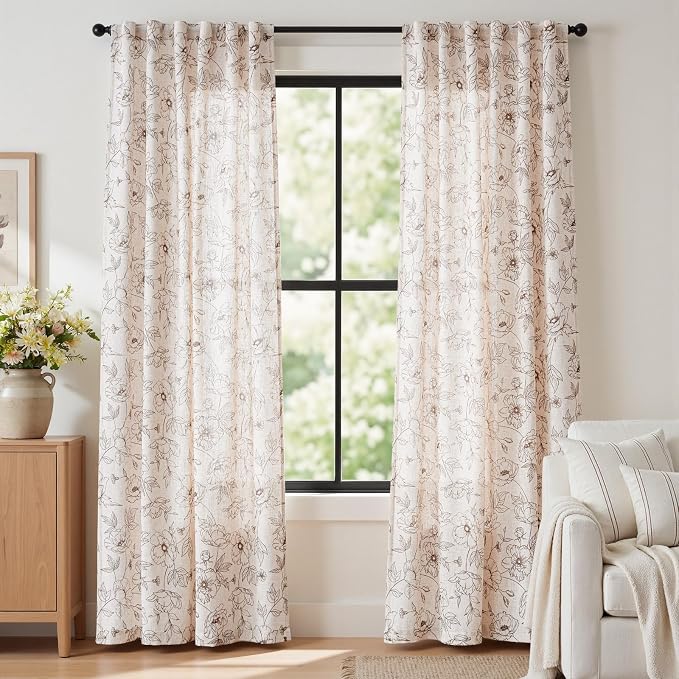 jinchan Floral Linen Curtains for Living Room 84 Inch Length Brown Flower Curtain Rod Pocket Back Tab Farmhouse Curtains with Printed Floral Bedroom Window Curtain Set, 2 Panels Brown