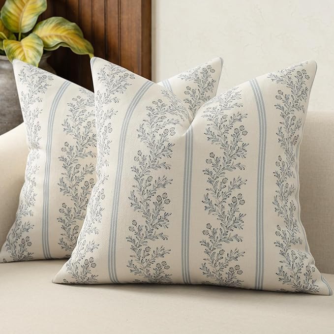 Vintage Throw Pillow Covers 20x20 Set of 2, Striped Floral Pillow Cover Botanical Patterned Decorative Cushion Covers Modern Farmhouse Home Decor for Sofa Couch Bed Living Room, Light Blue