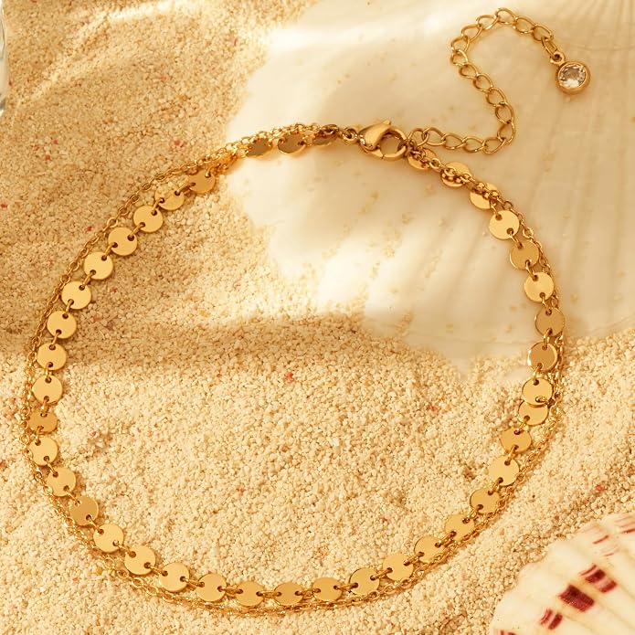 Dainty Gold Double Layer Disc Anklet for Women, 14K Gold Plated Sequin Chain Foot Bracelet, 8.5"+2" Adjustable Delicate Stackable Ankle Bracelet, Minimalist Summer Beach Jewelry Gift for Her