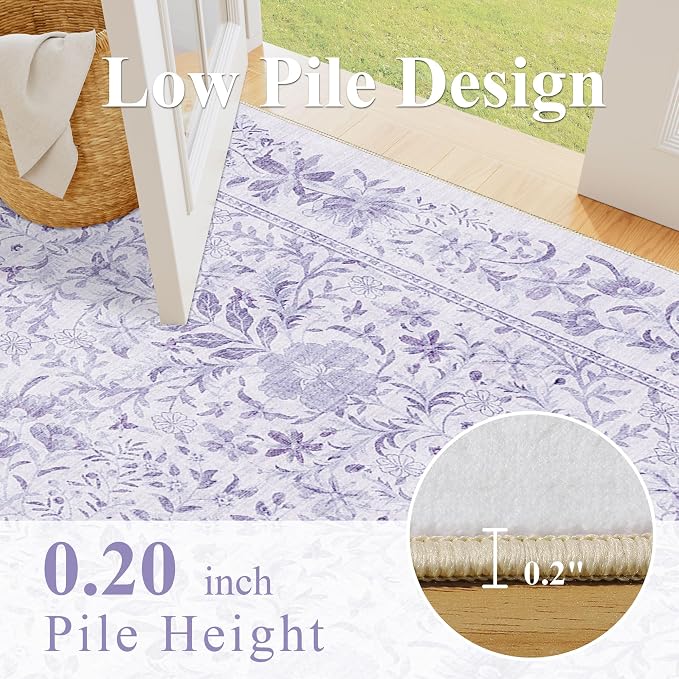 DUKINO 3x5 Rug, Washable Vintage Floral Bedroom Area Rug Non Slip, Purple | Low Pile, Non-Shedding, Aesthetic Lightweight Soft Indoor Small Carpet for Bathroom Entryway Living Room Office Farmhouse