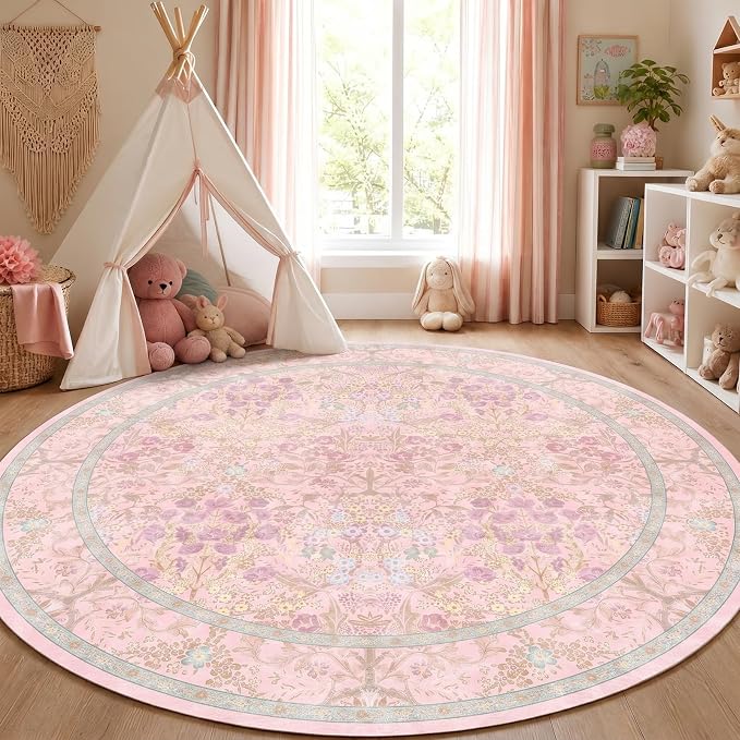 Lunasun Light Pink Large Round Rug for Living Room - 8ft Circle Area Rug for Bedroom, Kids Room, Home Office, Foyer, Non Slip Washable Botanical Floral 8 x 8 Décor